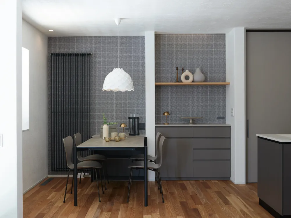 グレージュとマットブラックで統一された落ち着きのある大人のダイニング空間